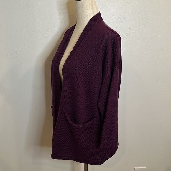 EILEEN FISHER OPEN CARDIGAN WITH PATCH POCKETS MERLOT COLOR LINEN/COTTON BLEND - Picture 3 of 7